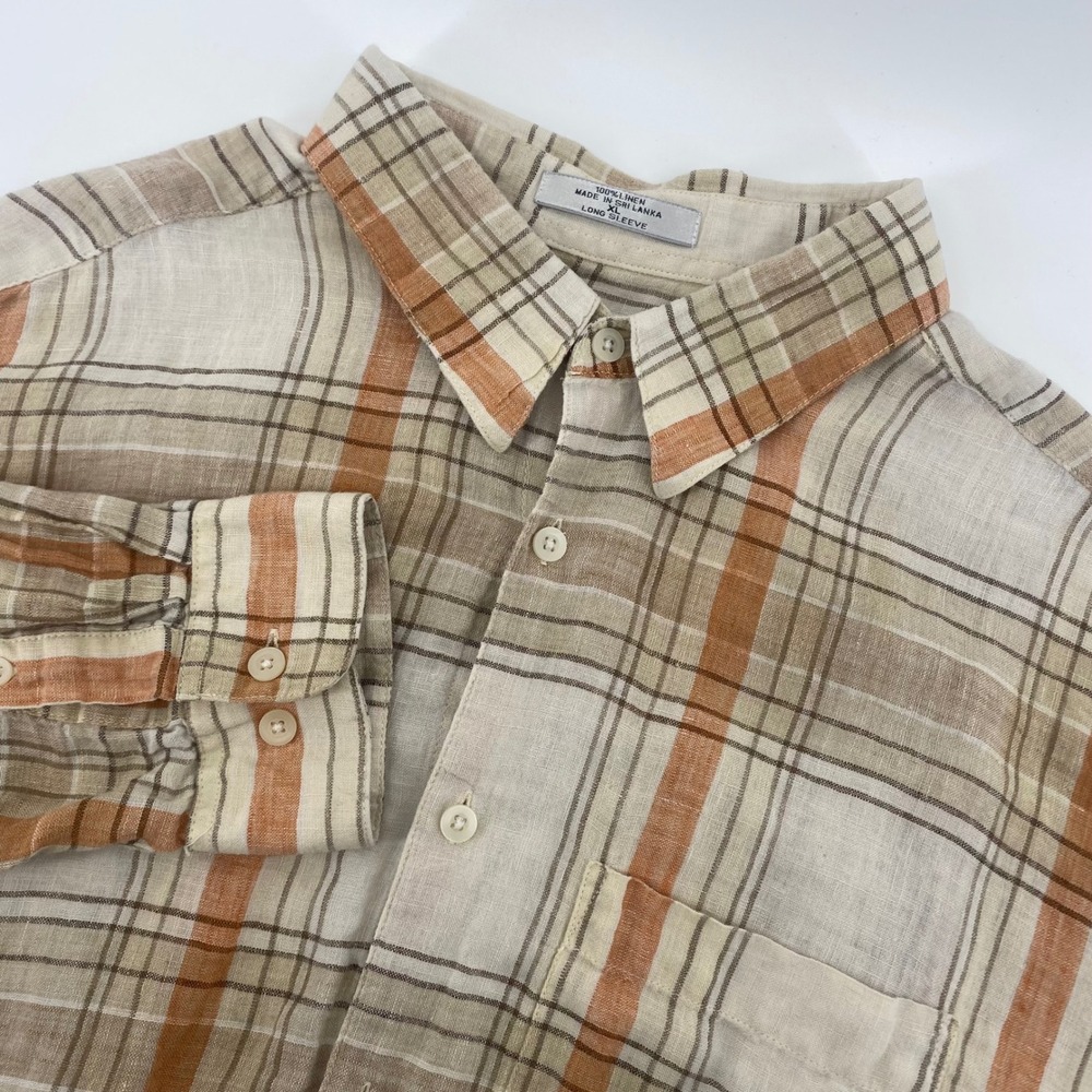 Geoffrey Beene Plaid Button Down Men XL Beige Orange 100% Linen Long Sleeve